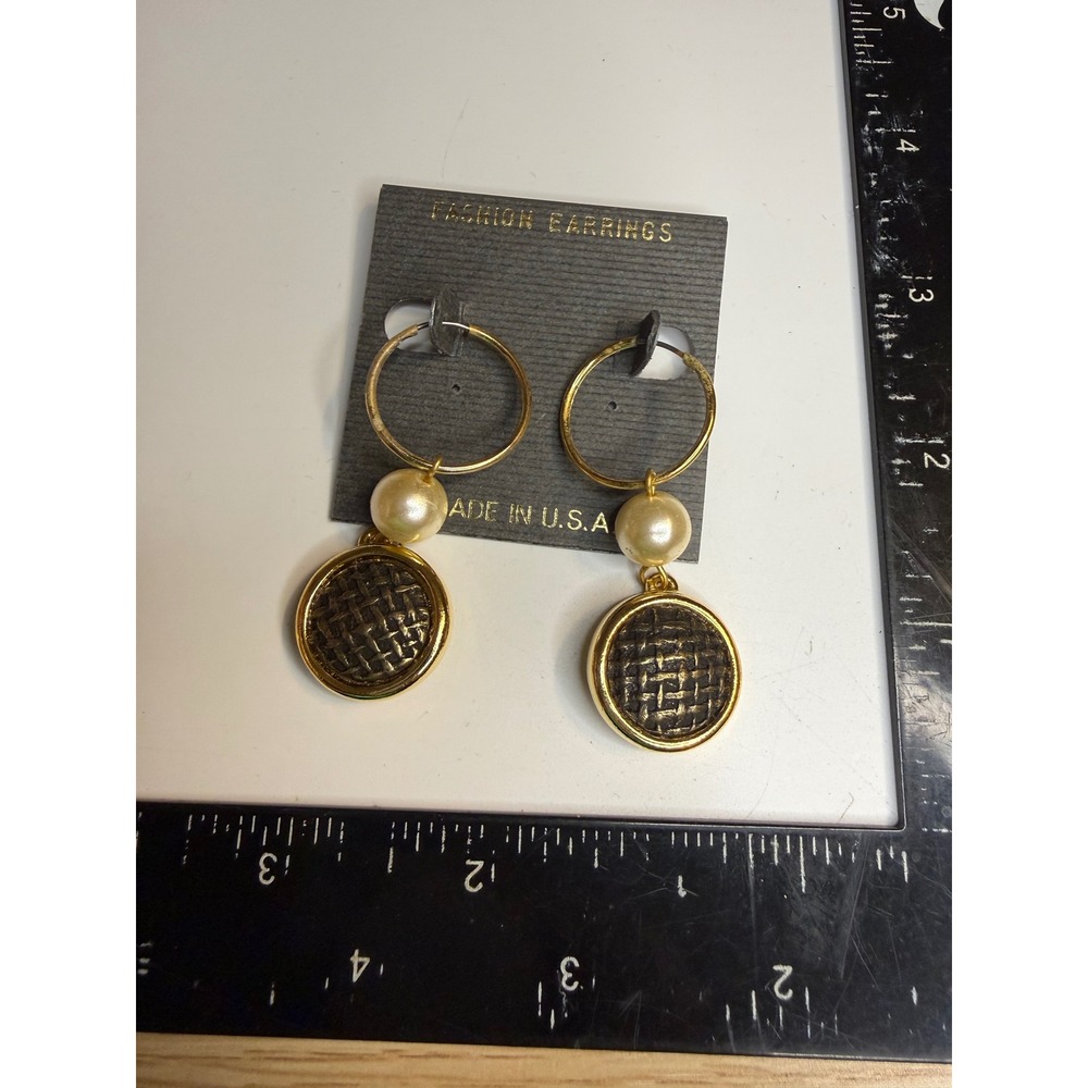 Vintage Made in USA Gold Tone Hoop Faux Pearl Basketweave Drop Earrings